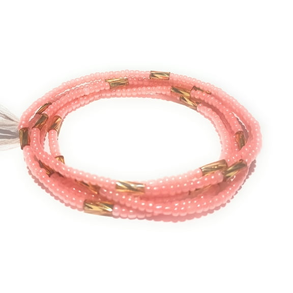 Pink Glass Waist Beads with Gold Accent Beads, 42-Inches of Beads, Tie-on Cotton Strand