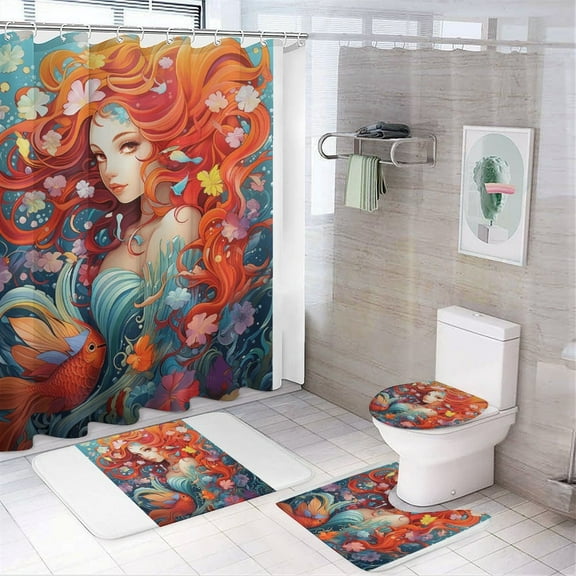 Mermaid 4Pcs Shower Curtain Set Shower Curtain Set with Carpet Bath Mat