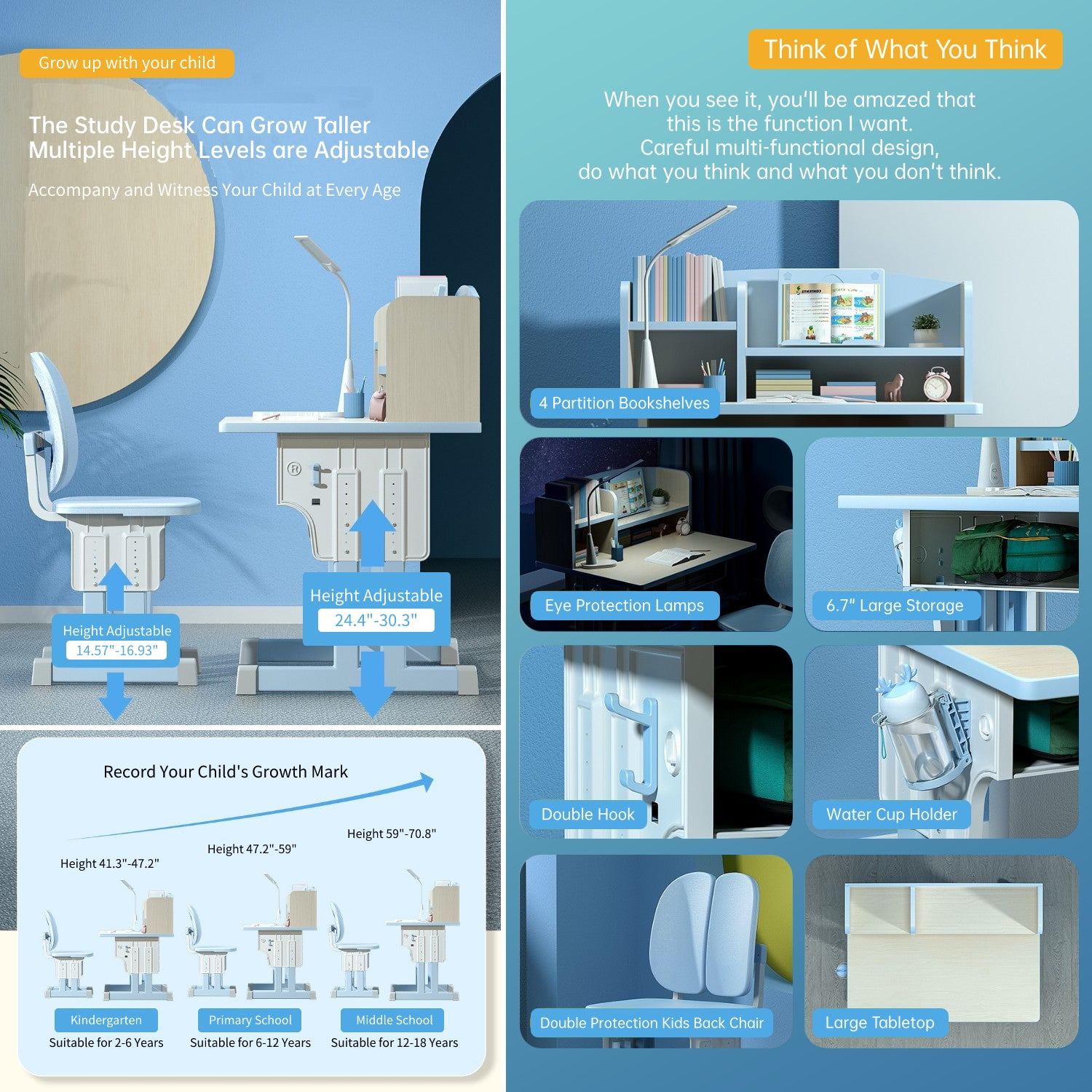 Children Desk and Chair Set Height Adjustable, Ergonomic Kids Study Ta –  LYHOE