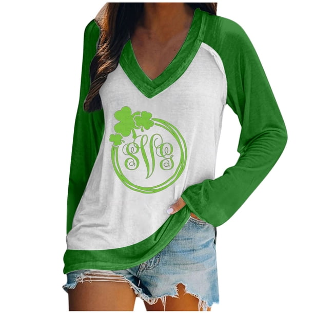 Blusa informal de manga larga con estampado de día de San Patricio para mujer con cuello en V para mujer Pompotops FGAJ13066