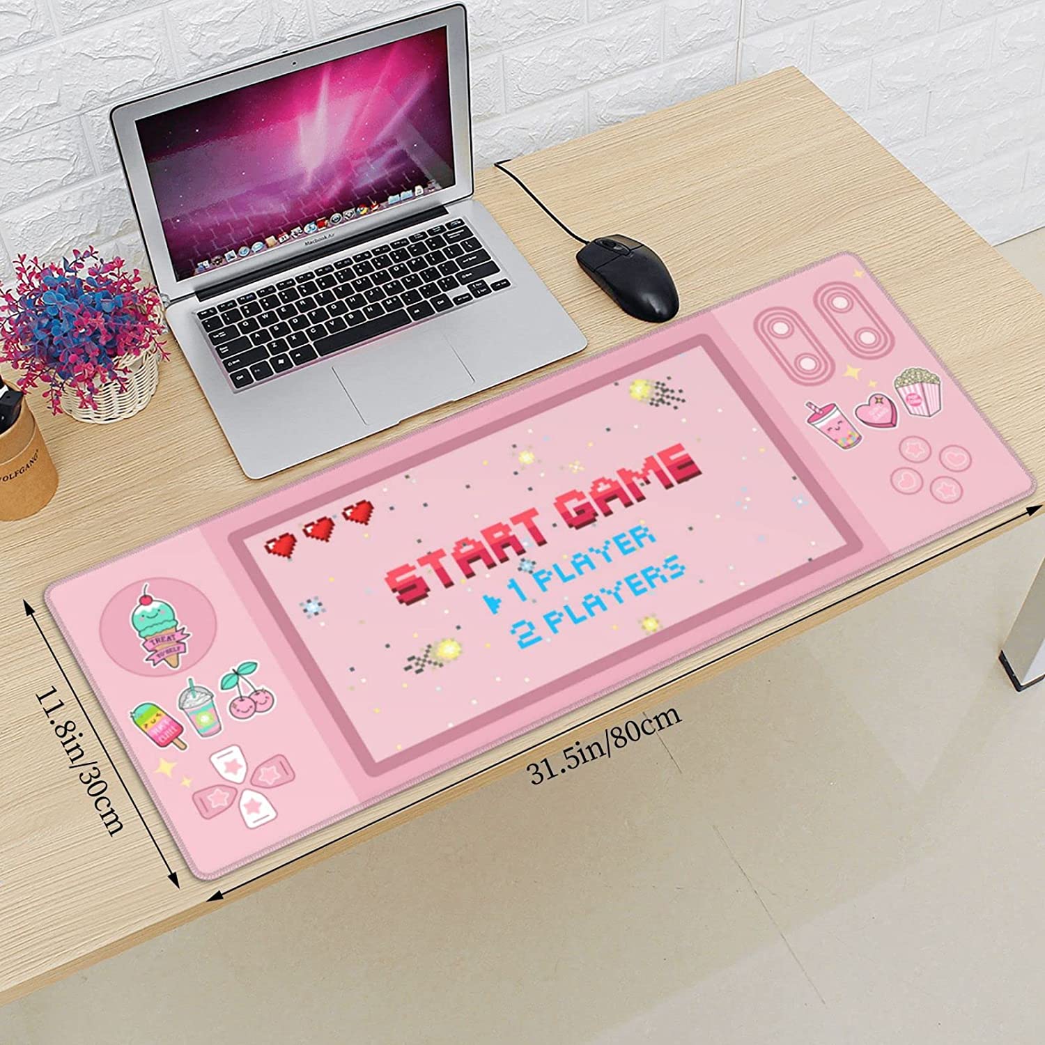Kawaii Pink Gamer Gaming Mouse Pad XL, Large Extended Mousepad Desk Pad, Long Nonslip Rubber Mice Mats Stitched Edges Playmat for Office Home Gamer, 31.5x11.8 Inch