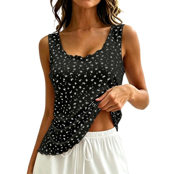 Achuyrbd Tank Tops for Women Floral Print Square Neck Tank Top, Sleeveless Fitted Casual Top