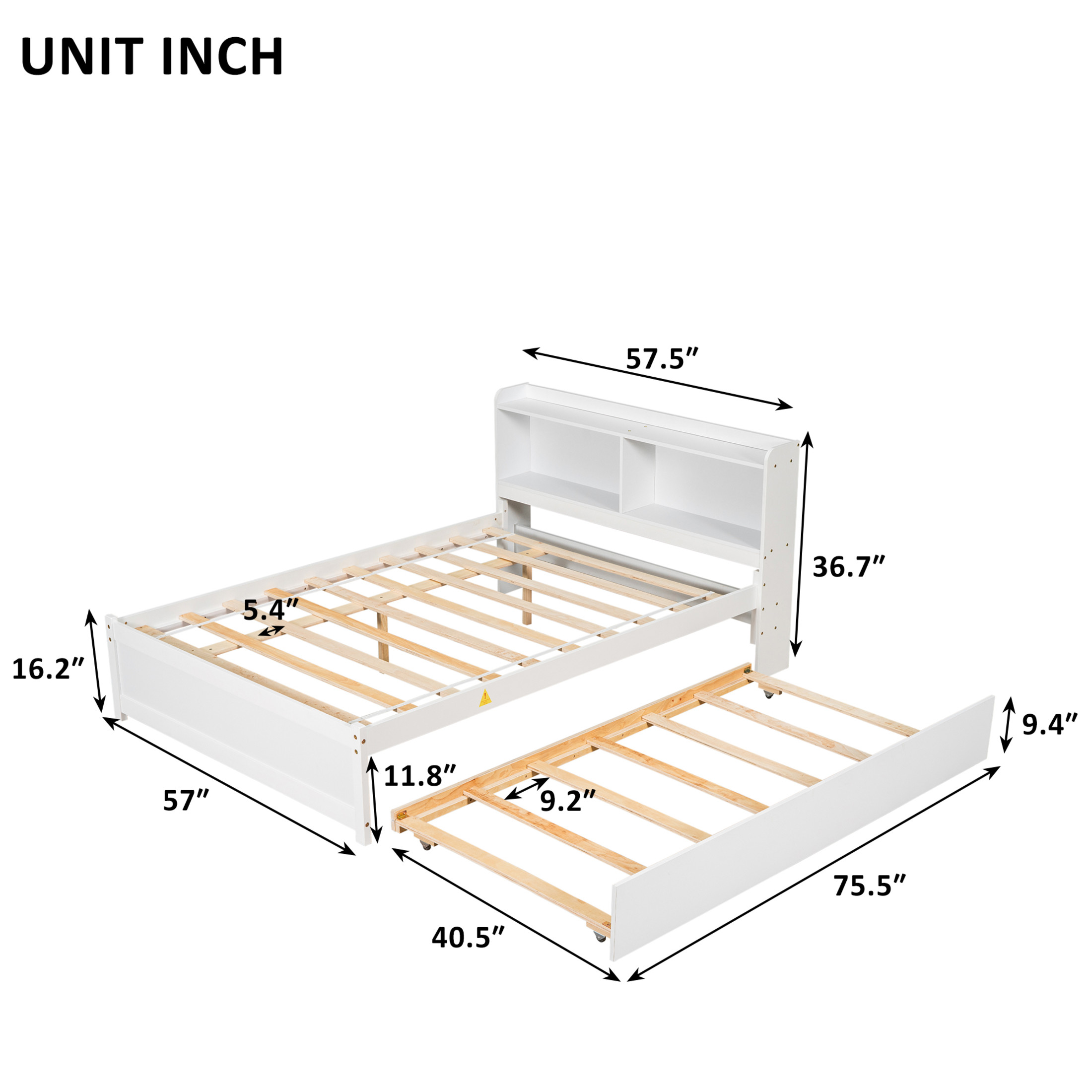 Noble House Keith Full Bed, Pine Wood Frame with Bookcase Headboard and Pull-Out Trundle, White