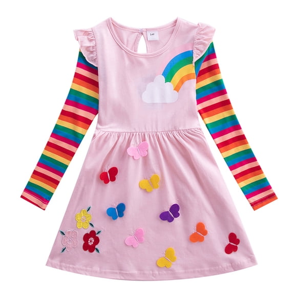 AAMILIFE Unicorn Robe à Manches Longues pour Filles Automne Nouvelle Robe Brodée en Coton pour Enfants Robe à Fleurs Col Rond