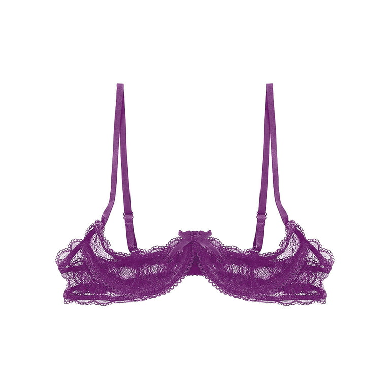 renvena Women's Sheer Lace Lingerie Push Up Underwired Shelf Bra 1/4 Cup  Unlined Bralette Tops Purple L