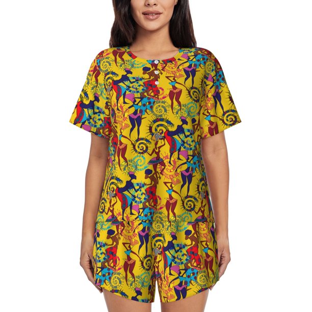 Fotbe Dancing African Womens Conjunto de Pijama Estampado para Mujer, 2 Piezas, Ropa de Dormir con Camiseta de Manga Corta y Shorts Suaves-Large