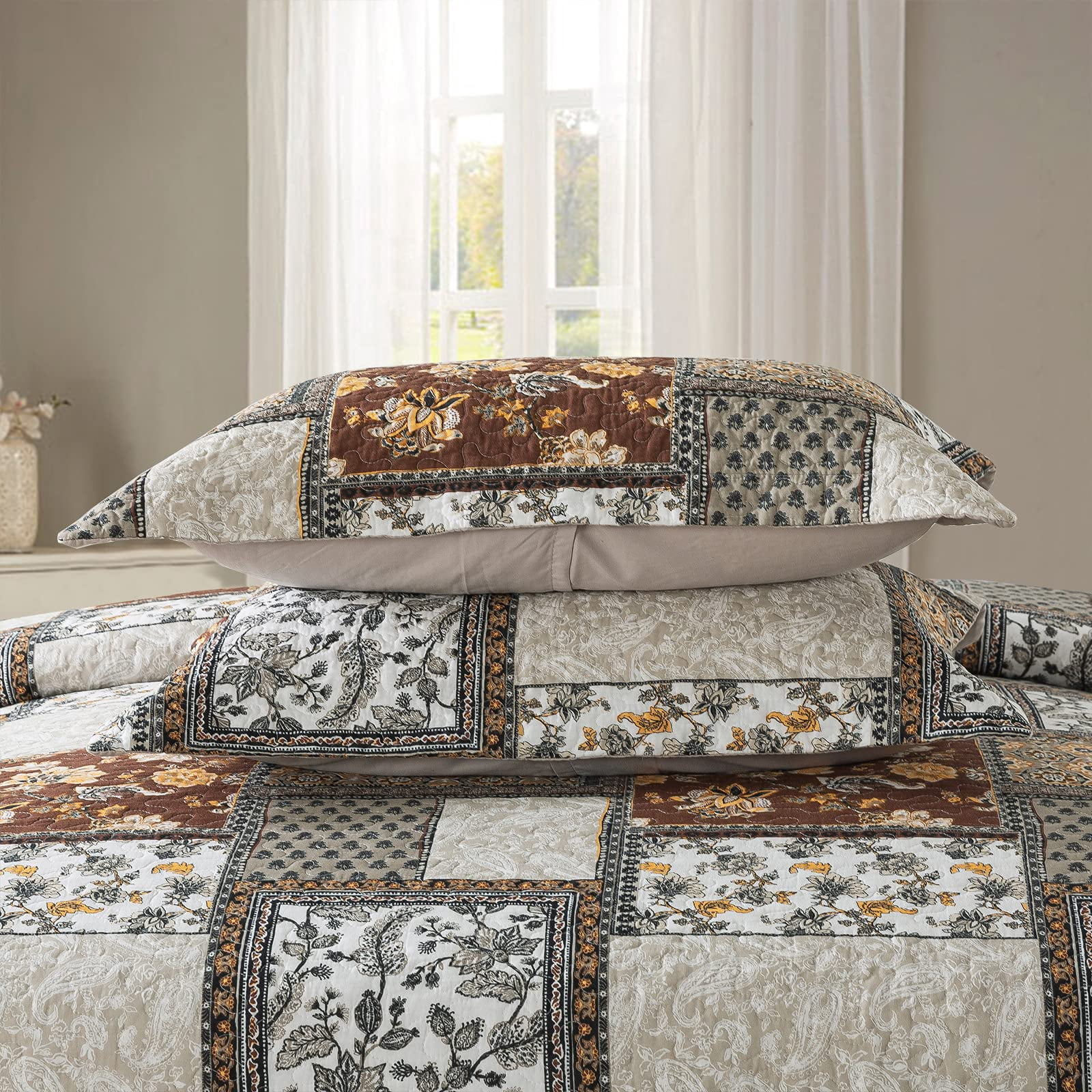 WannaToo Quilt Queen Size Comforter Cotton Bedding Set With Shams, Coffee