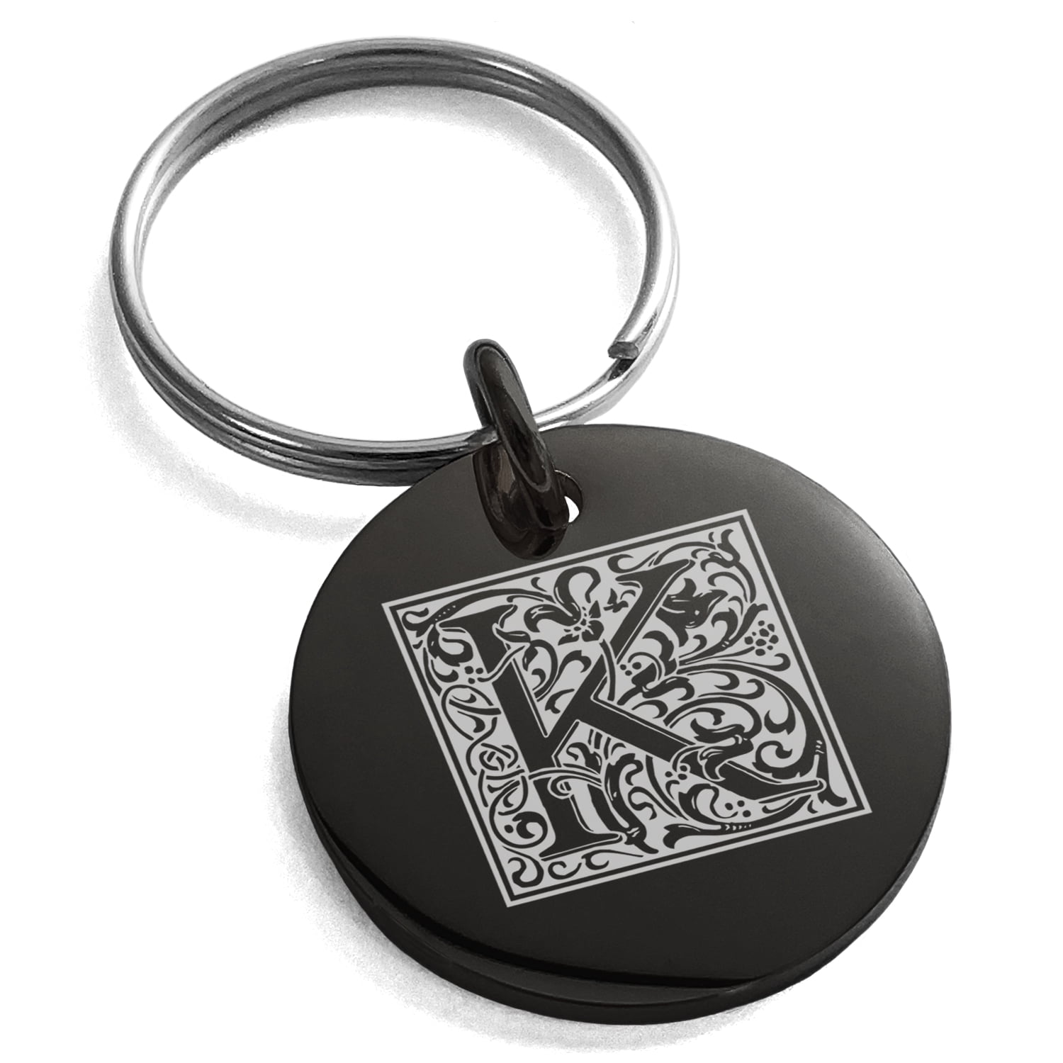 Key Chain K Stainless Steel Letter K Initial Floral Box Monogram Engraved Small ...