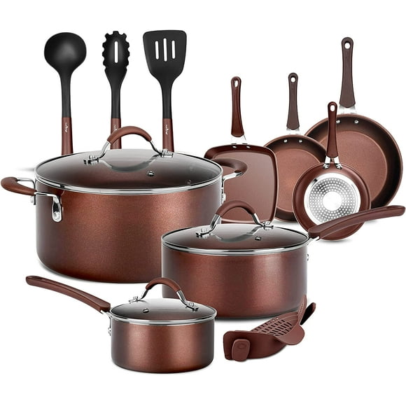NutriChef Nonstick Cooking Kitchen Cookware Pots and Pans, 14 Piece Set, AGold