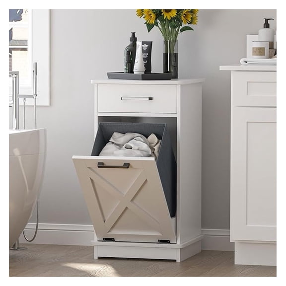 White Tilt Out Laundry Hamper Cabinet Laundry Hamper with Drawers and Baskets for Bathroom Hamper Cabinet with Storage for Kitchen Living Room,16x16x30in(Barn Door Panel)