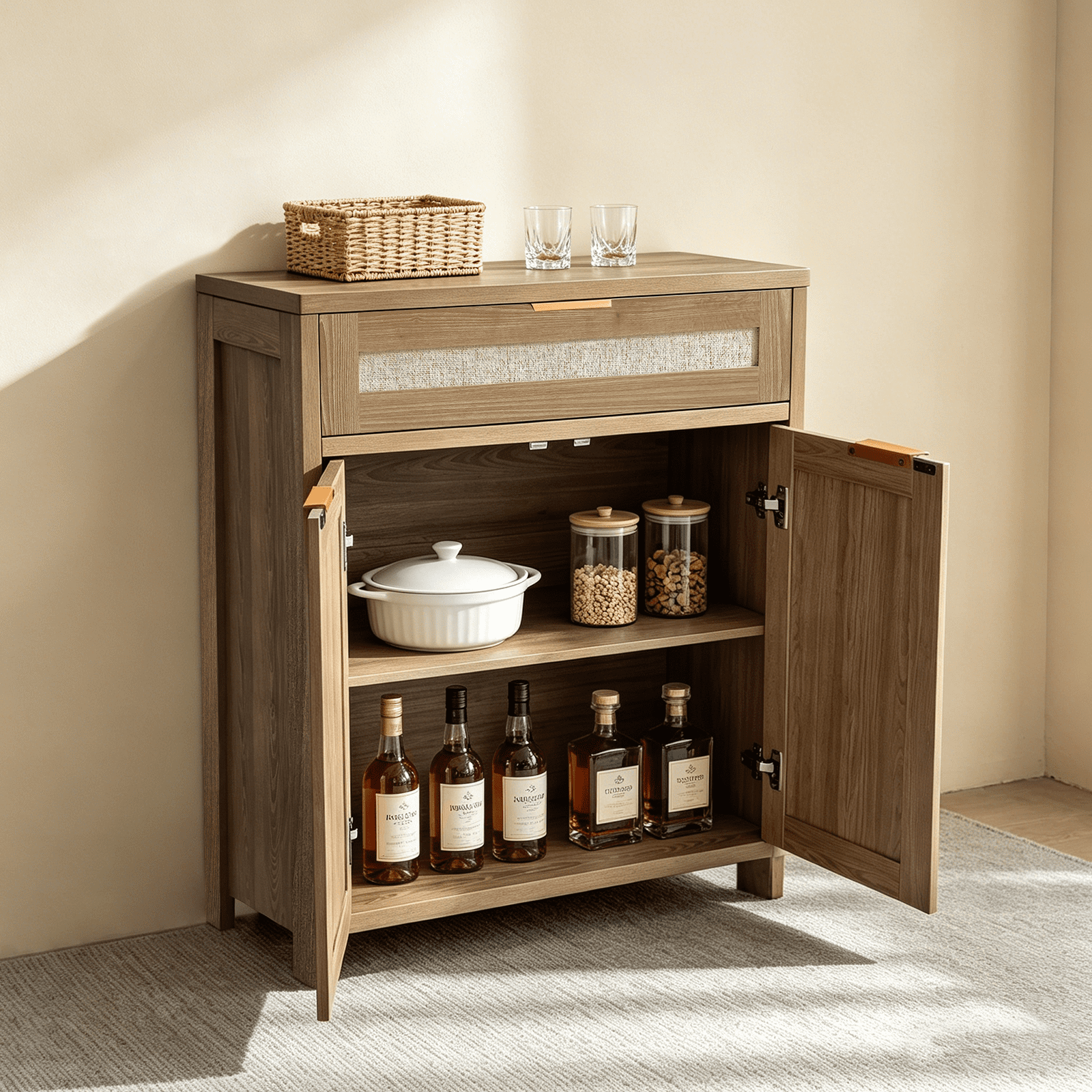 Rattan Sideboard Buffet Cabinet, Farmhouse Storage Cabinet with Adjustable Shelf, Boho Kitchen Buffet Cabinet with Drawer for Dining, Kitchen, Entryway, Living Room, Wood