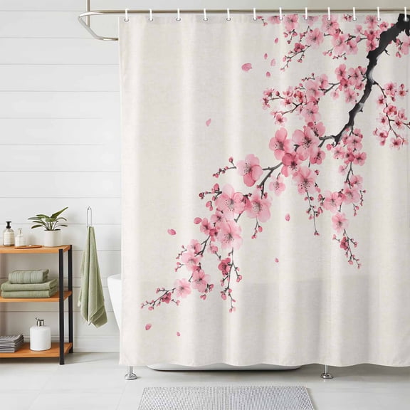 Shower Curtains for Bathroom, Cherry Blossoms Waterproof Fabric Shower Curtain, Pink Flower Floral Spring Nature Country Decorative Bathroom Curtain for Bathtub, 72"x84", No Hooks Included