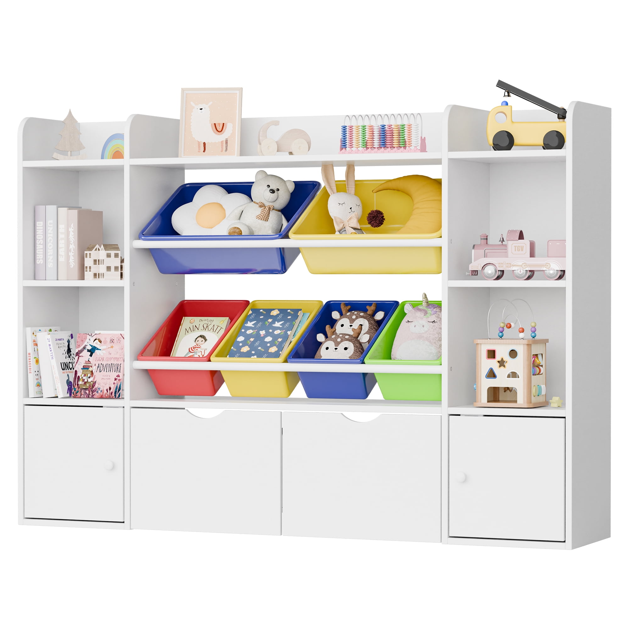 Reasea 6-Bin Toy Storage Organizer for Kids – 4-Tier Bookshelf with 6 Removable Cubbies & 2 Movable Drawers, Kids Toy Shelf for Playroom, Bedroom, Multicolor