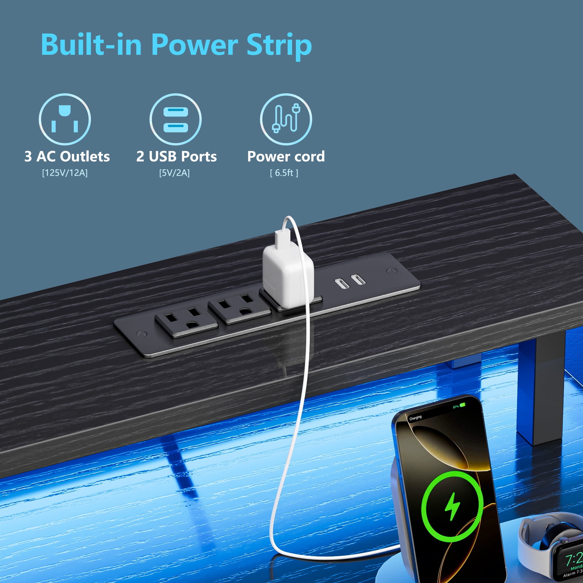 Satifur 51 Inch Black Computer Desk with Ergonomic Monitor Platform, Home Office Gaming Desk with CPU Grid Storage Rack, RGB LED Lights & Power Outlet