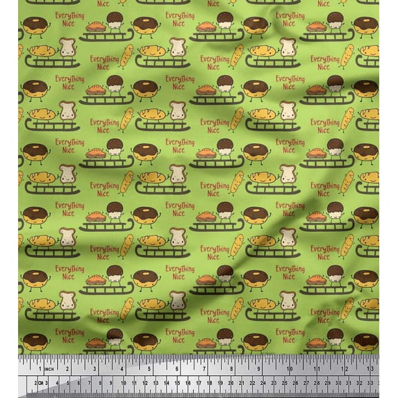 Soimoi Moss Georgette Fabric Sleigh,Bread & Hot Dog Food Fabric Prints by Yard 42 Inch Wide