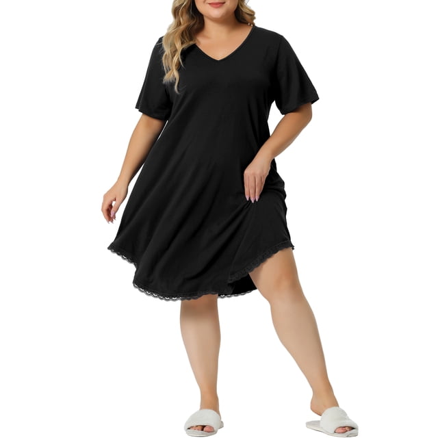 Vestido de pijama de talla grande para mujer GRACE & GRANDEUR con escote en V, dobladillo de encaje, camiseta suelta, ropa de dormir negra 1X