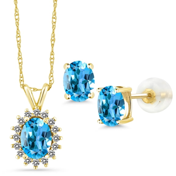 Gem Stone King 14K Yellow Gold Swiss Blue Topaz Pendant Earrings Set for Women | 2.84 Cttw | Gemstone November Birthstone | Oval 8X6MM and 6X4MM | with 18 inch Chain