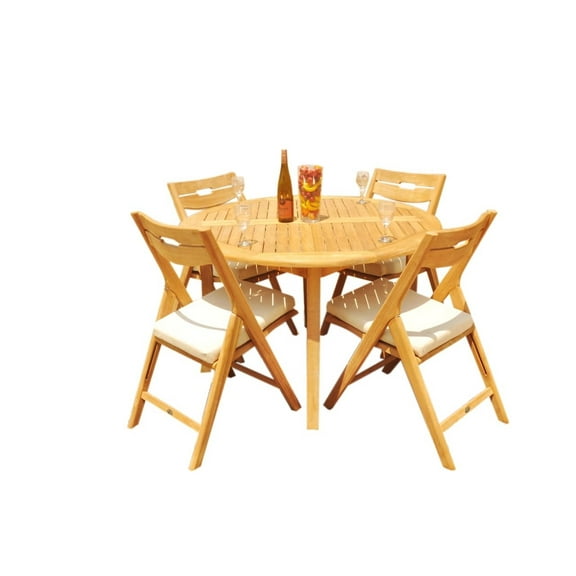 Grade-A Teak Dining Set: 4 Seater 5 Pc: 48" Round Table And 4 Surfliner Folding Reclining Arm Chairs Outdoor Patio WholesaleTeak #51SL1005
