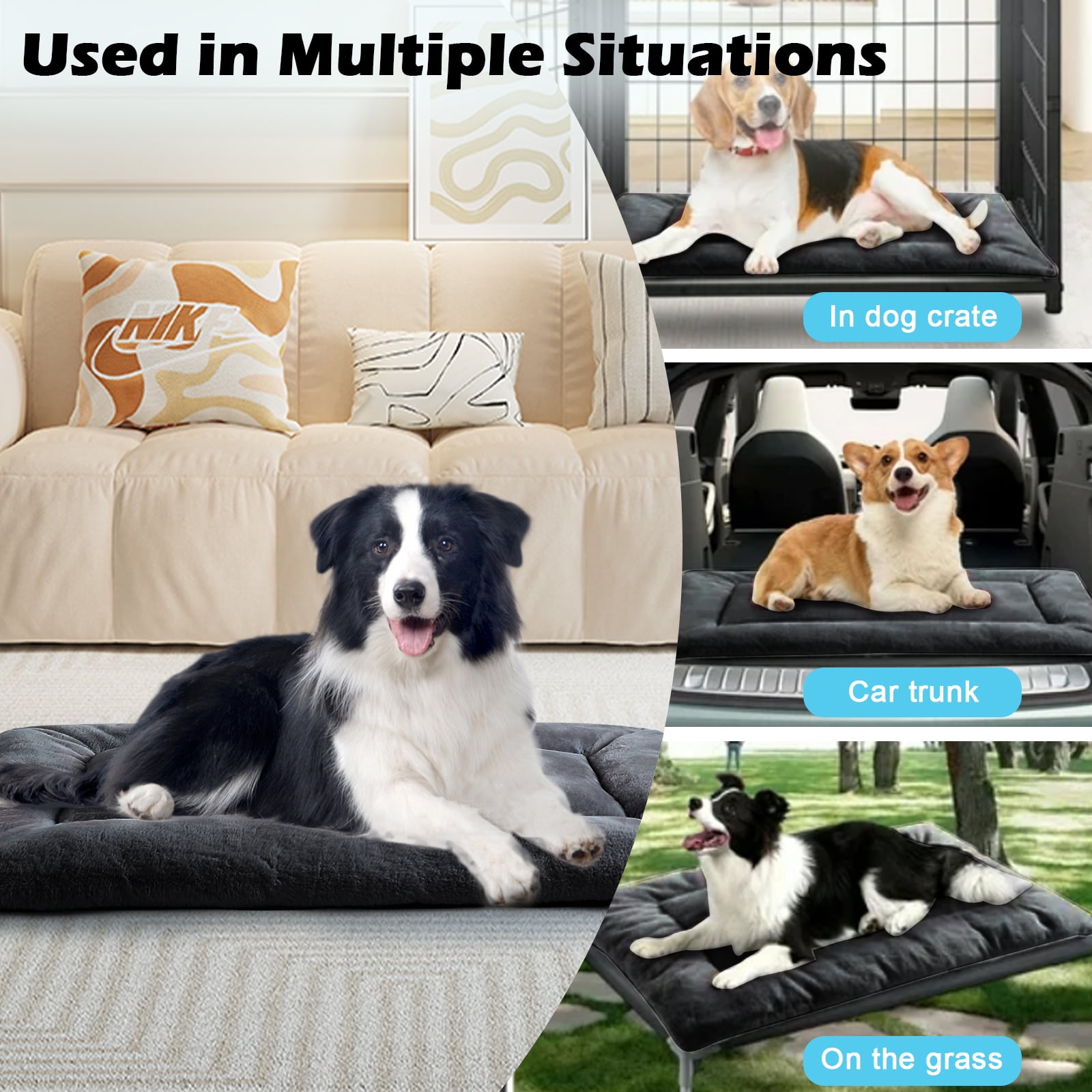 MERITLIFE Plush Washable Dog Bed Ultra Soft Dog Crate Mat Kennel Pad,Anti-Slip Pet Sleeping Bed for Small Medium Large Dogs,Dark Gray 48" x 30"