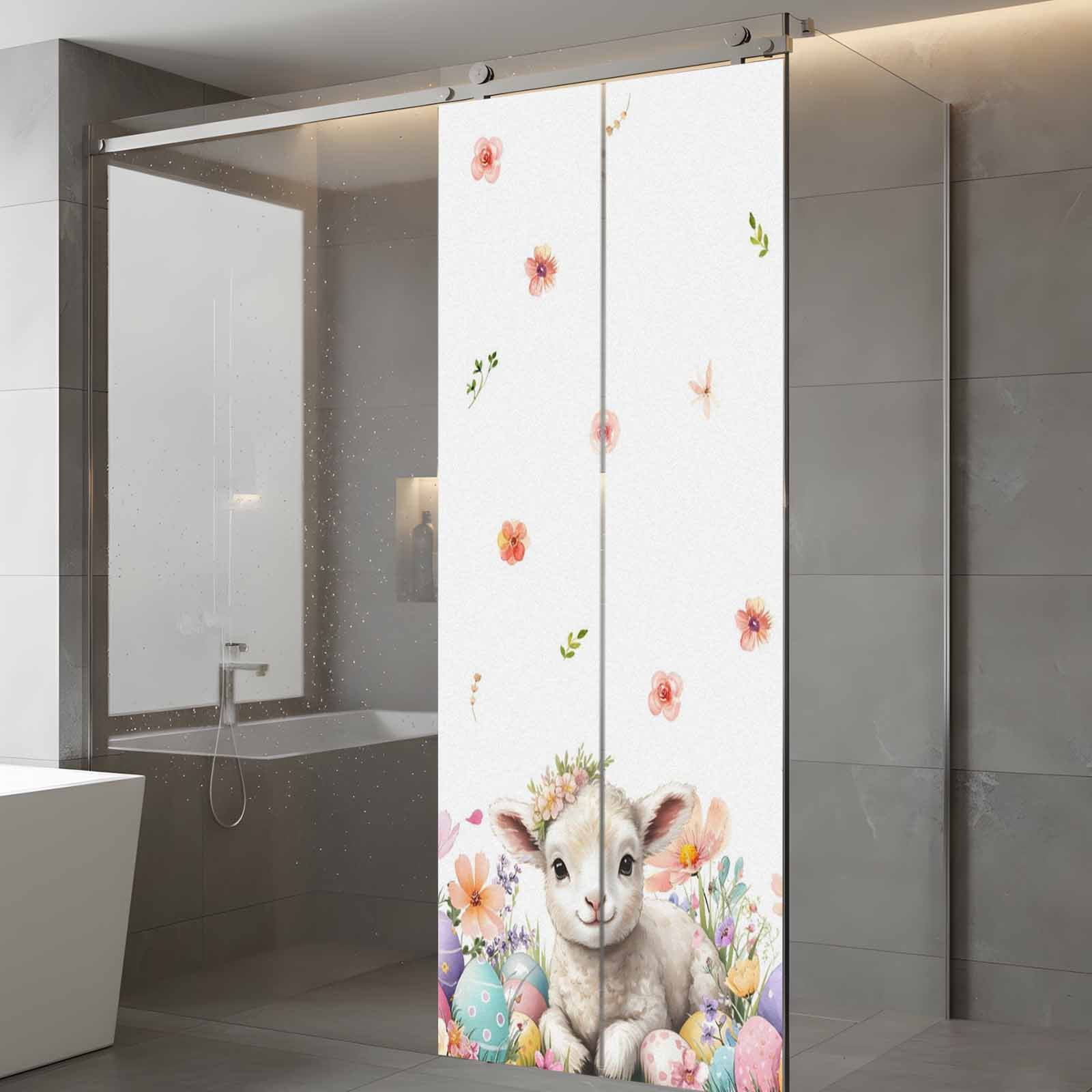 Easter Sheep Window Privacy Film, Watercolor Sheep Flowers Colored Eggs Frosted Glass Window Clings Static Cling UV Heat Blocking Reusable Door Sticker for Bathroom 23.6 x 59 Inch