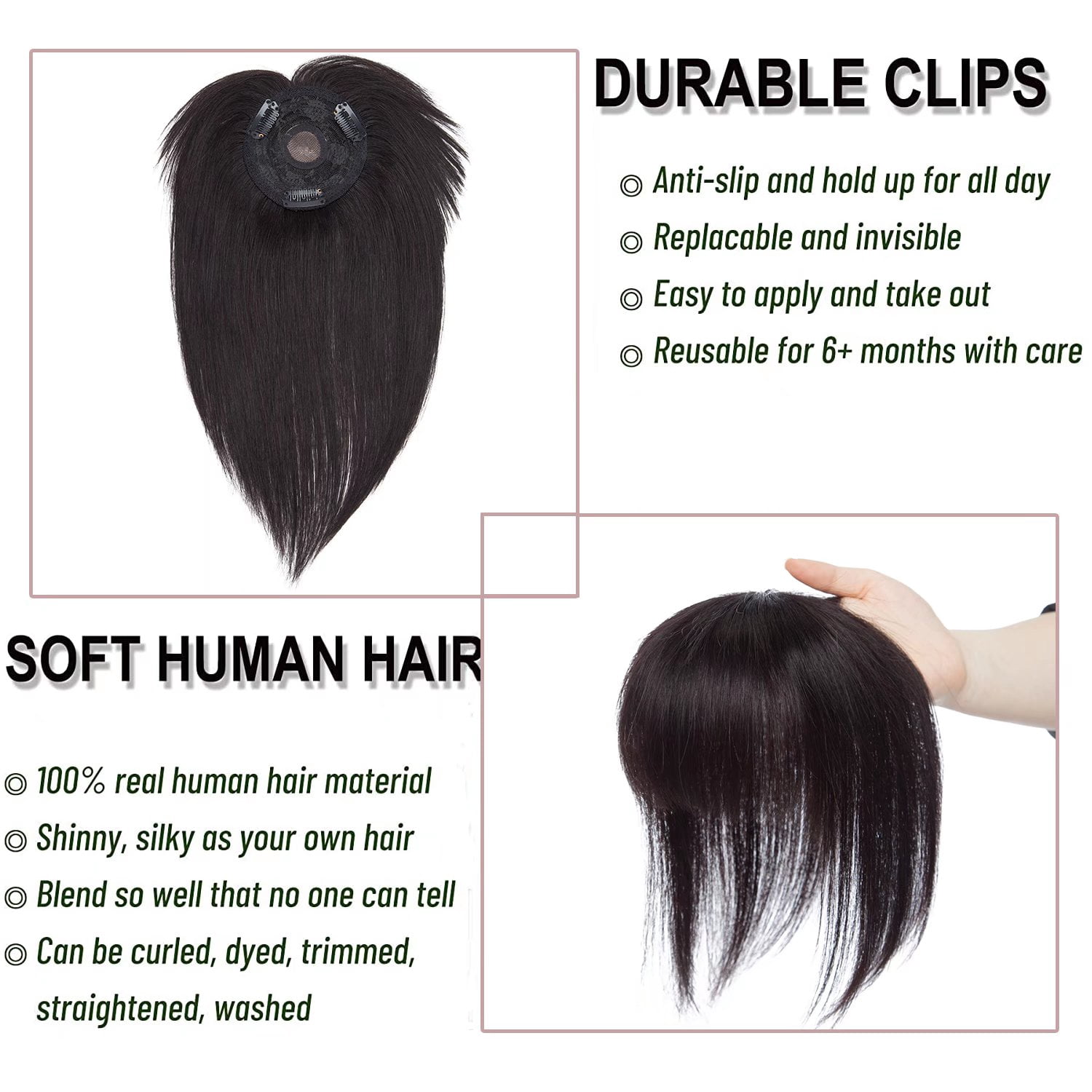 MY-LADY Hair Toppers for Women Real Human Hair with Bangs 3 Clip In Remy Topper Hairpiece for Thin Hair Natural Looking Hair Extensions 12inch #1B Natural Black