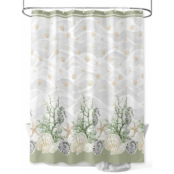Shower Curtain Sage Green Starfish Bathroom Curtains with Hooks, Waterproof Fabric Coral Shell Marine Life Bath Shower Curtains Set for Bathroom Bathtubs Decor 36x72 Inch