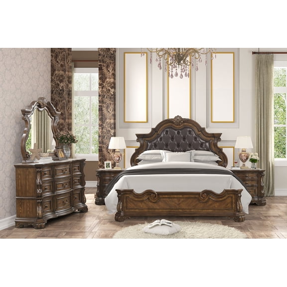 Traditional Style 4pc Queen Size Bed Set Bombay Headboard Design Ball Bearing Glide Jewelry Tray On Dresser Dark Brown Finish Bedroom Furniture