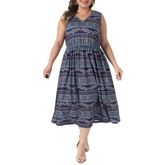 Agnes Orinda Women's Plus Size Boho Dresses Print V Neck Sleeveless Midi Sundress Beach Summer Flowy Casual Dress with Pocket 1X Navy Blue