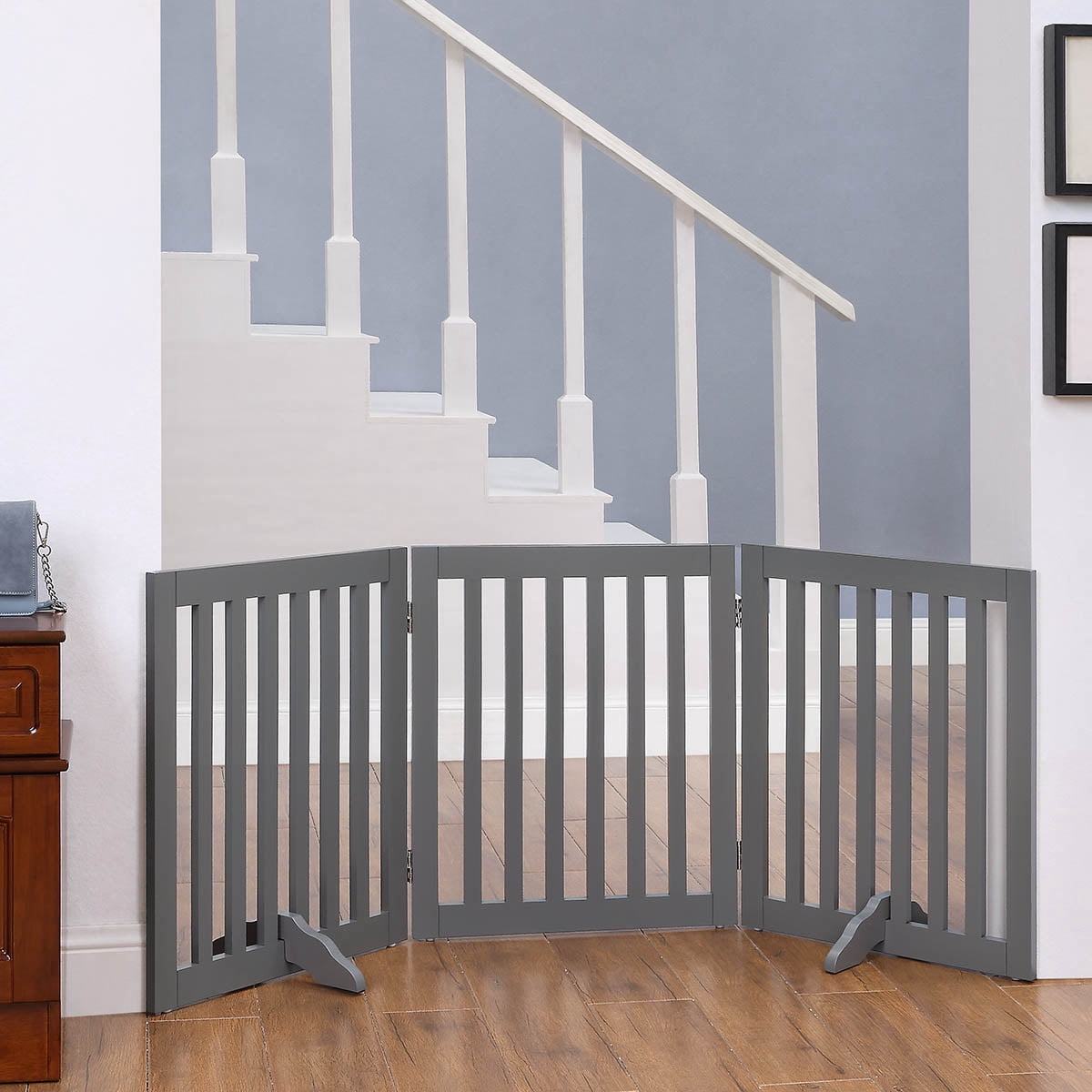 Unipaws Freestanding Wooden Dog Gate, Foldable Pet Gate with 2PCS Support Feet, Dog Barrier Indoor Pet Gate Panels for Stairs, 24 Inch Tall, 60 Inch Wide, Gray