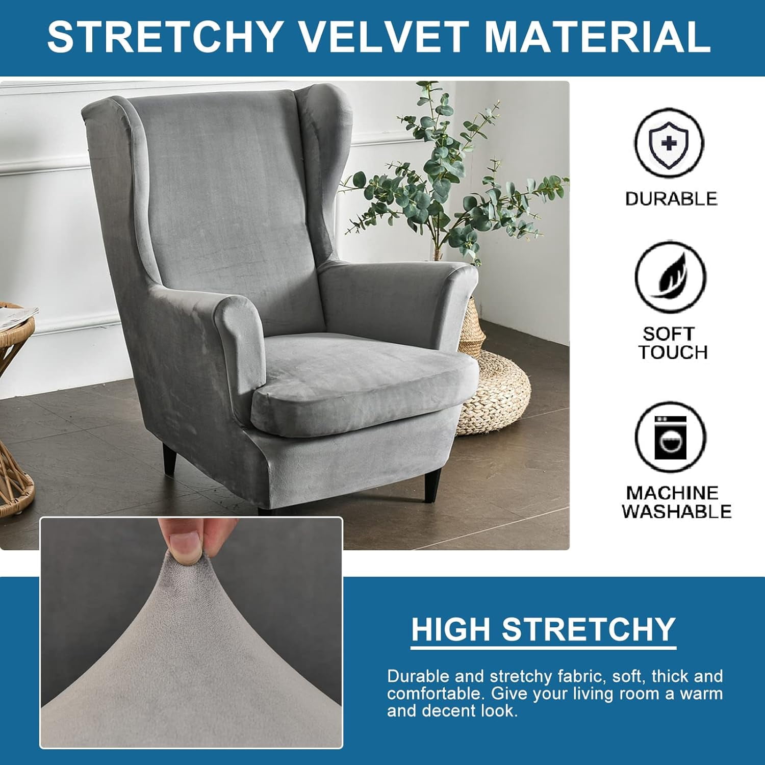 CHUNTIAN Wingback Chair Covers Slipcovers 2 Piece Stretch Wing Chair Covers Spandex Slipcovers Wingback Sofa Covers Armchair Covers Non-Slip Furniture Protector for Living Room Wingback Chairs, A13