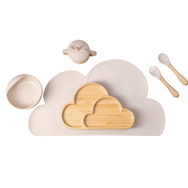 Silinone 6 piece. Baby Led Weaning Utensils Set Includes Table mat Plate Bowl Spoon Fork Sippy Cup Bamboo Cloud Plate BPA Free