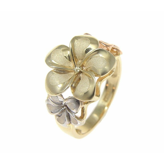 Solid 14k tricolor gold 8.5mm-13mm-8.5mm Hawaiian plumeria flower ring size 5 to 12