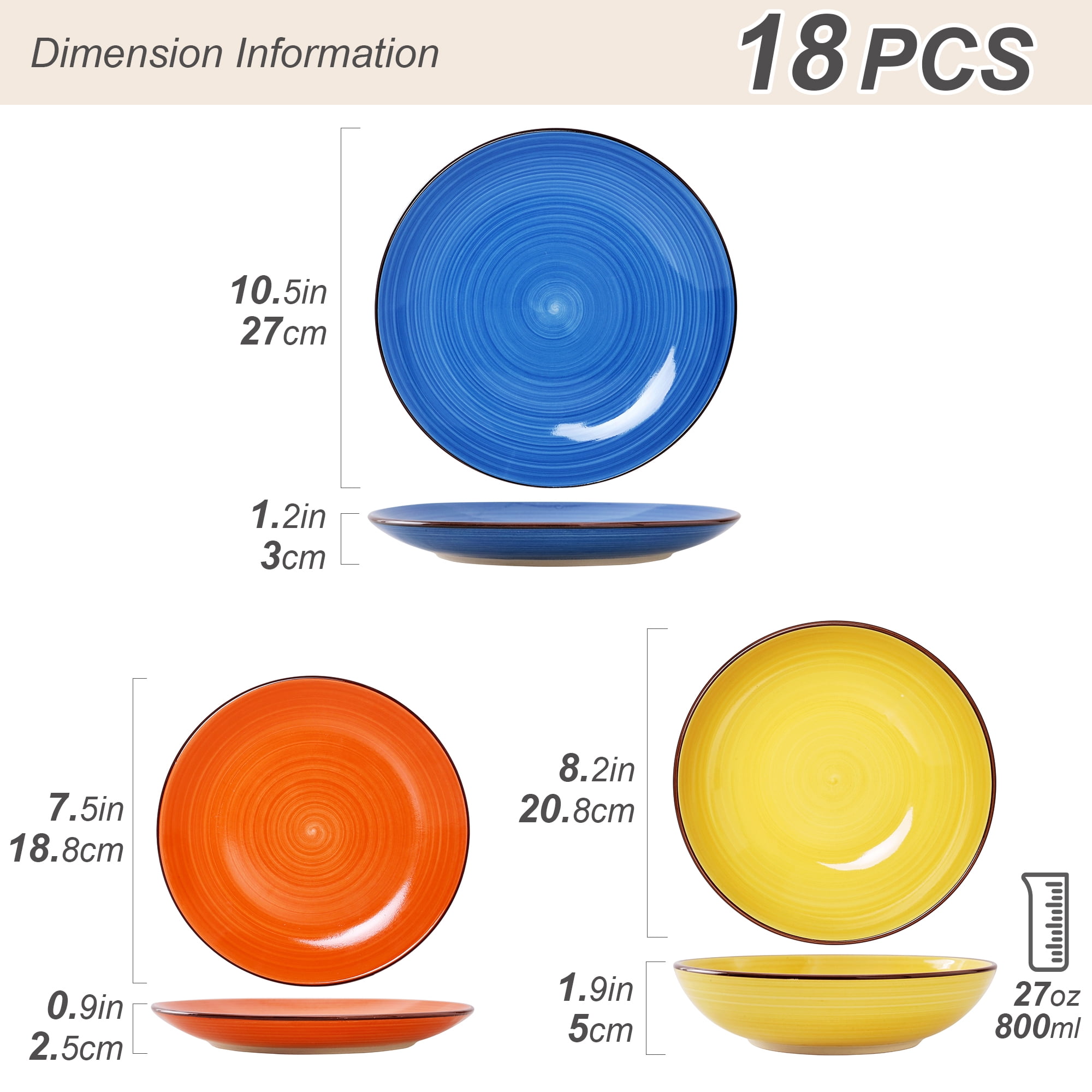 Dorothy 18 Piece Stoneware Dinnerware Set, Rainbow Series, Service for 6