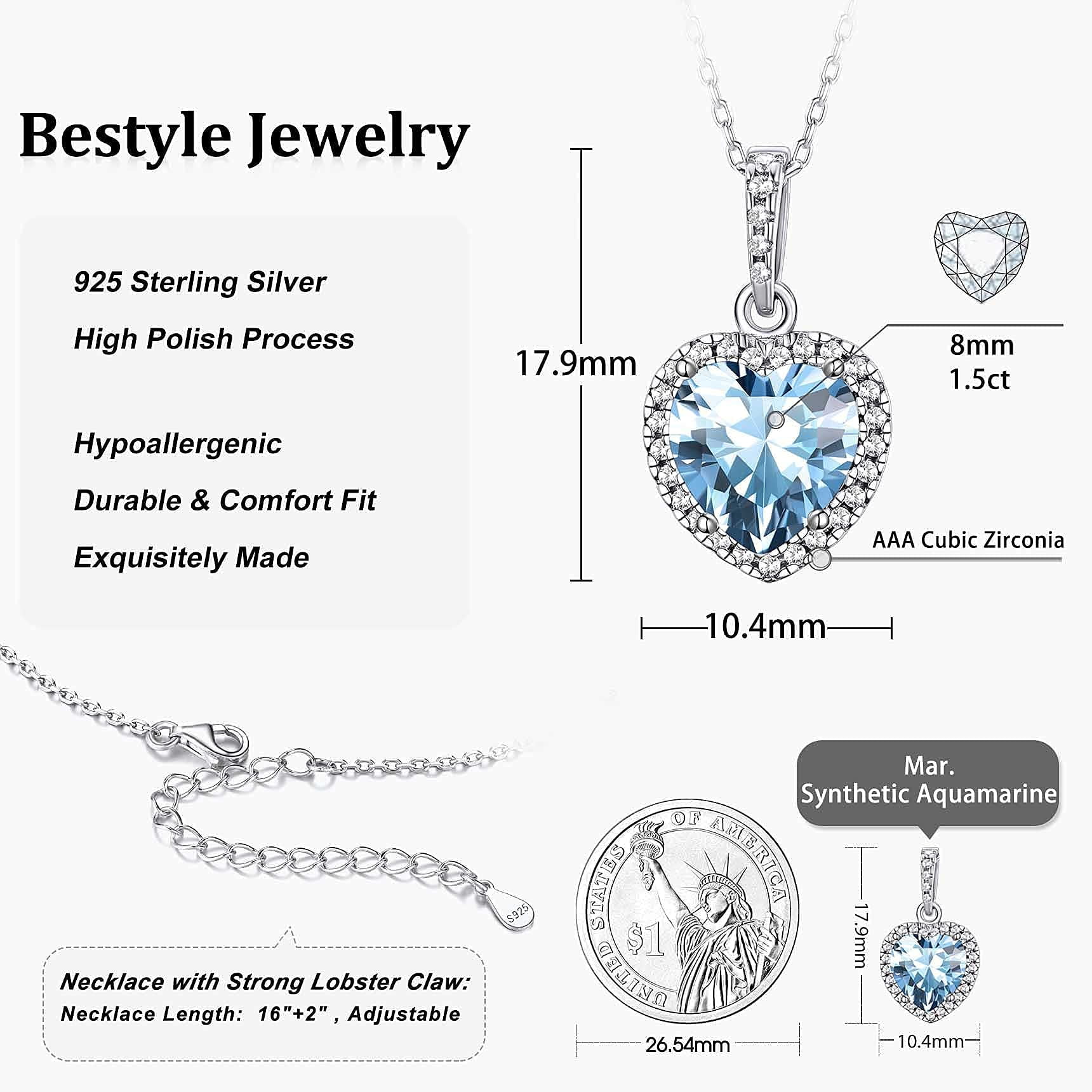 Bestyle Pure 925 Sterling Silver Earrings Necklace Set for Women March Birthstone Heart Jewelry Set Mother'day Gifts for Bridal Wife Mom Daughter