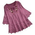 thumbnail image 2 of nochalofo Pink V-Neck Casual T Shirts for Women, Vintage Lace Patchwork Bow Three Quarter Blouses Top T Shirt, 2 of 5