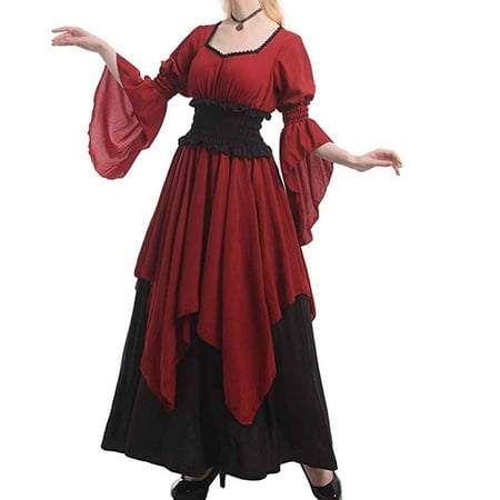 Annhoo Renaissance Dress Women Medieval Flare Sleeves Corset Dress Plus Size Vintage Long Dresses Halloween Outfits