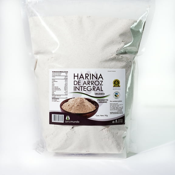 Harina de Arroz Integral Orgánica Bolsa con 1 Kg | Sin Gluten | SANO MUNDO