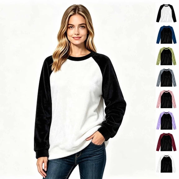 Color Block Fleece Sweatshirts for Women, Crewneck Long Sleeve Basic Tees, Women'sSize S-2XL