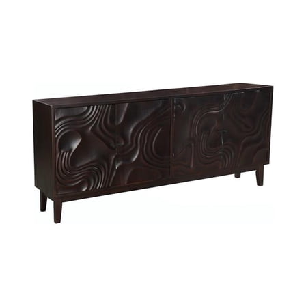 HomeRoots 634316 80 in. Dark Brown Solid Wood Carved Abstract Sideboard with Four Doors