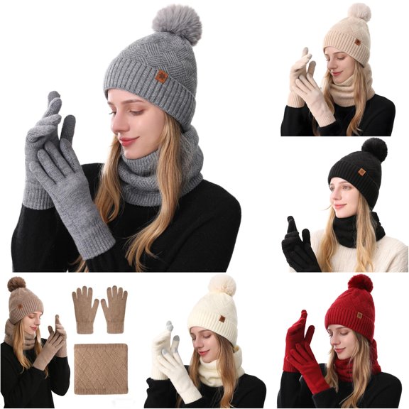 HNMKIU Winter Warm Knitted Scarf Hat Set Thermal Lined Outdoor Riding Ear Cold Weather Grey - One Size