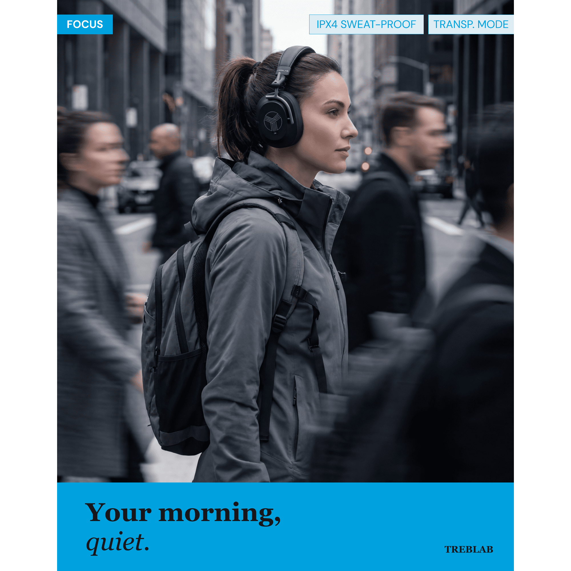 TREBLAB U5 Active Noise Cancelling Headphones Over-Ear, Wireless Bluetooth 5.3 Headphones with Mic, 65-Hr Battery, Hybrid ANC, Multipoint, Deep Bass, IPX4, Foldable for Travel, Work, Commute, Gym
