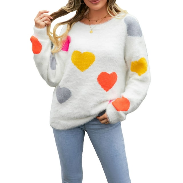 FAROOT Chandail en Tricot Doux pour Femmes Col Rond Imprimé Cœur Chaud pour la Saint-Valentin
