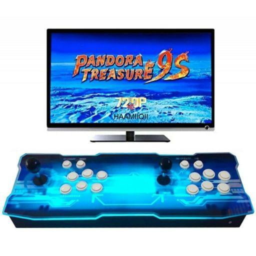 consola de juegos pandora box dx arcade, 3000 juegos caja arcade negra Valtech, vista frontal centrada del panel azul translúcido con dos joysticks y ocho botones blancos, monitor arriba mostrando título de juego; admite hasta 4 jugadores, incluye juegos 3D, botones personalizables y búsqueda por primera letra.