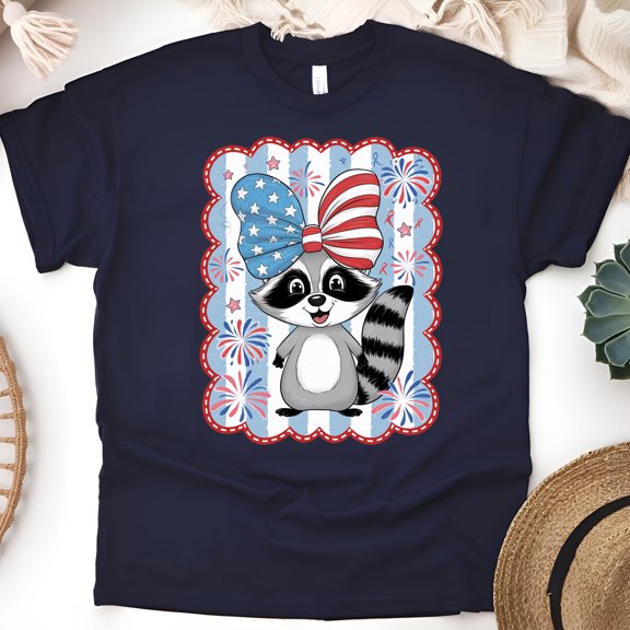 4th of July Raccoon Shirt, Funny Animal Graphic Tee with Fireworks and Bow, Navy, Size S