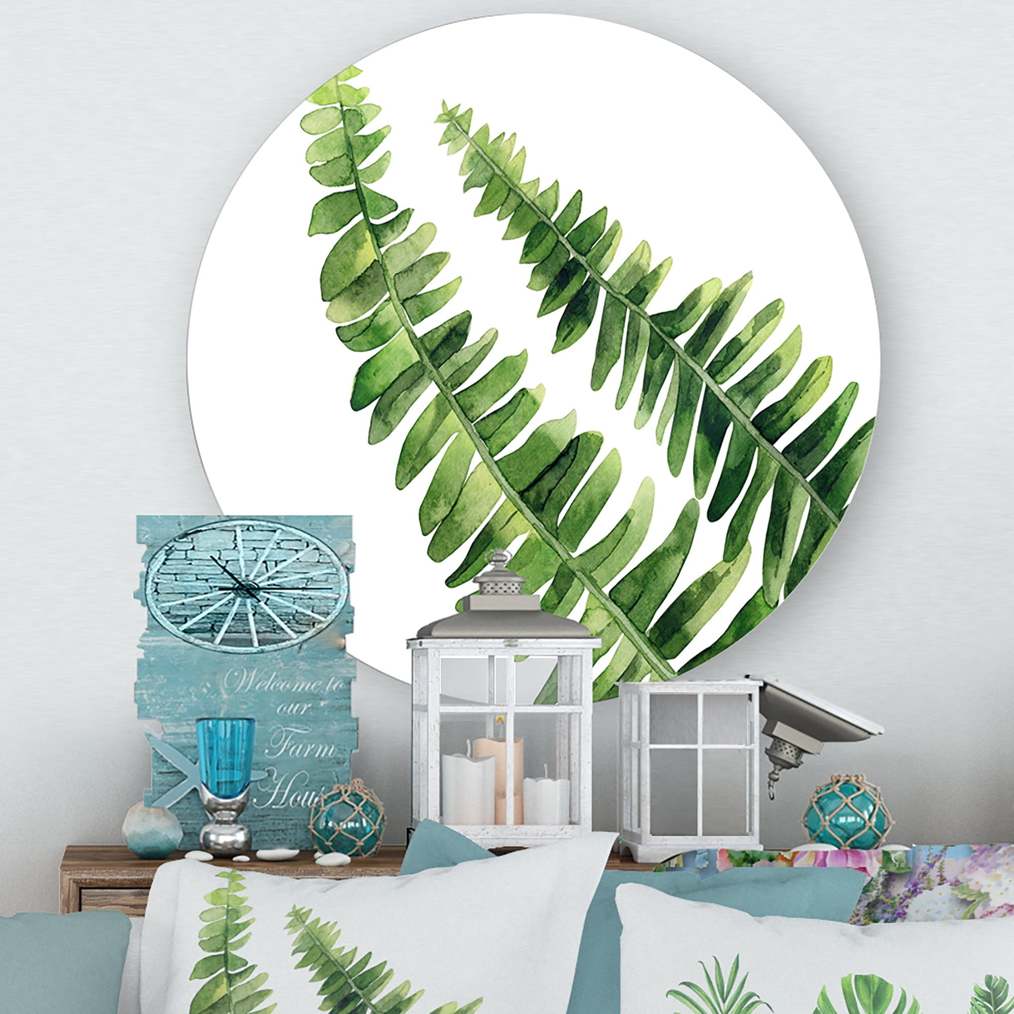 Designart 'Fern Plant Leaves Detail I' Farmhouse Circle Metal Wall Art 11x11 - Disc of 11