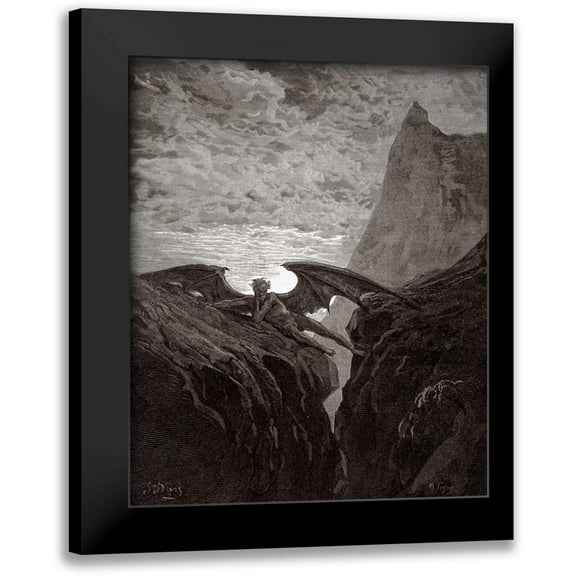 Dore, Gustave 12x14 Black Modern Framed Museum Art Print Titled - Satan Resting On The Mountain - from Miltons Paradise Lost