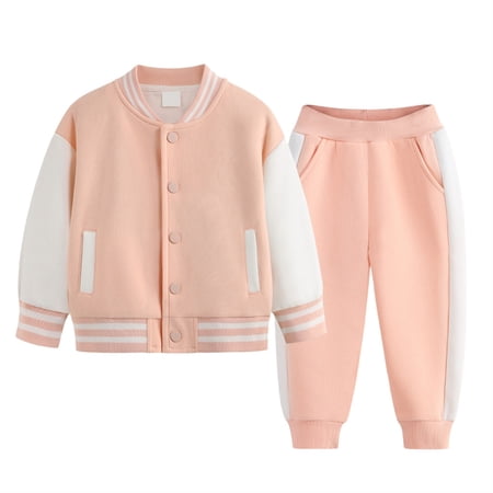 TIREOW Girls and Boys Outfits Contrast Button Front Long Sleeve Baseball Jacket and Matching Jogger Pants Casual Sportswear 2 Piece Set