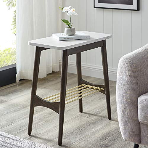 Walker Edison Marble and Wood Base Rectangle Side Table Living Room Small End Accent Table, 24 Inch, Marble and Dark Brown