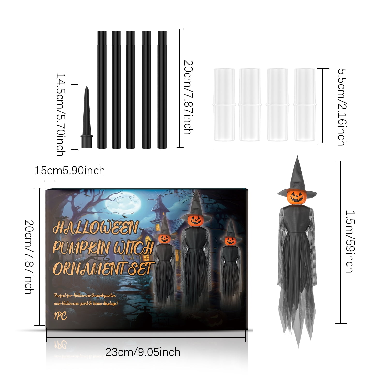 Alvantor Halloween Decorations Outdoor Pumpkin Witch Hanging Set Yard Decor with Ground Stakes Battery Operated Spooky Party Supplies, 1PC 59IN