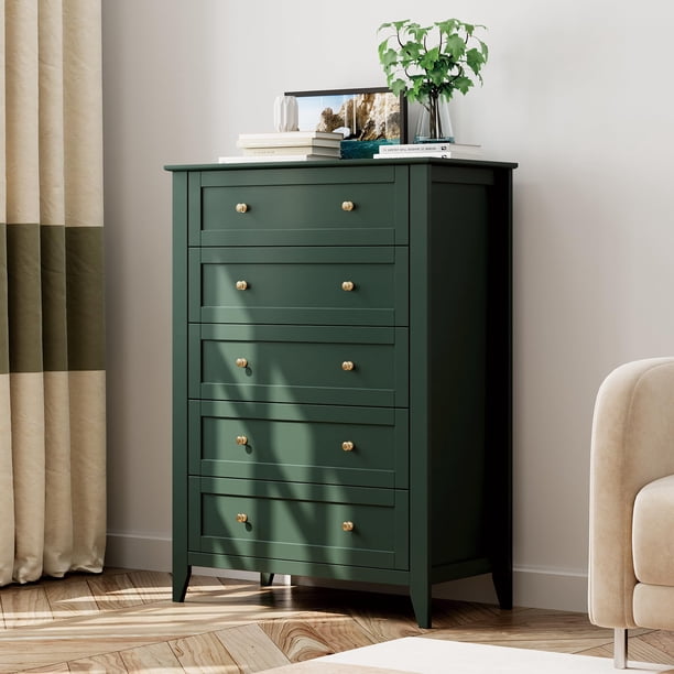 Cómoda Alta de 5 Cajones para Dormitorio - Mueble de Madera con Cajones Profundos y Tiradores Metálicos - Organizador Vertical para Recámara, Vestidor, Sala o Recibidor - Verde Oscuro